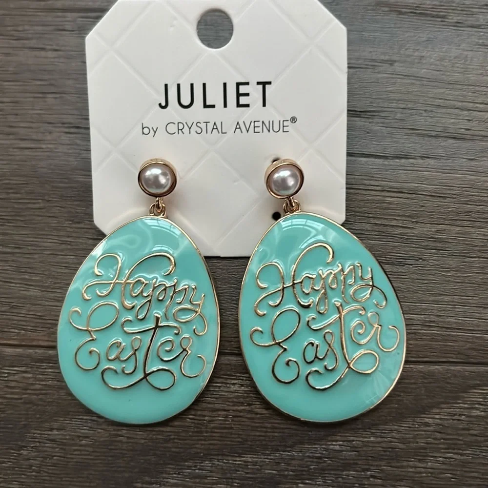 Juliet Easter Egg,Happy Easte,saying imprint drop Earrings,pearl tone stone post